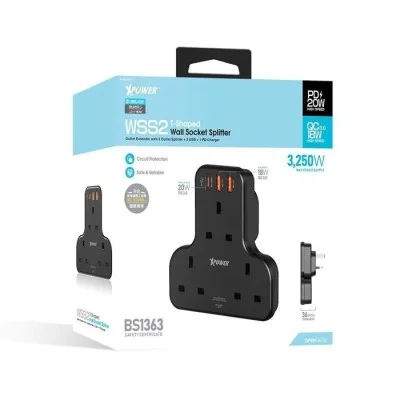 XPower WSS2 PD 20W 3 Outlet T-Shaped Extension Socket - Black